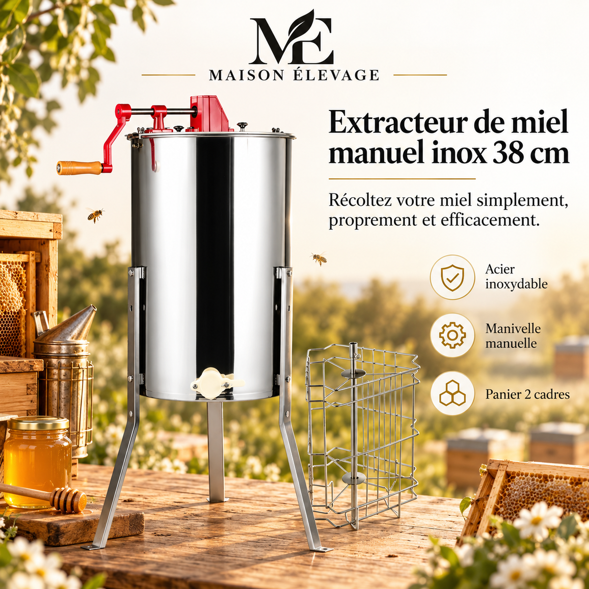 Extracteur de miel manuel — cuve inox 38 cm, couvercle et trépied réglable