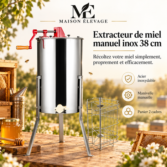 Extracteur de miel manuel — cuve inox 38 cm, couvercle et trépied réglable