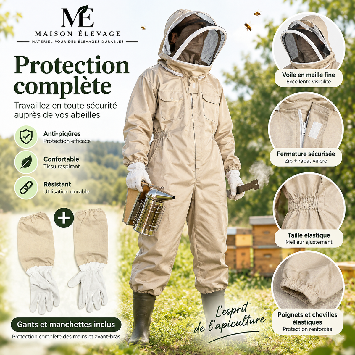 Combinaison d'apiculteur ventilée avec gants — voile rond, fermeture intégrale