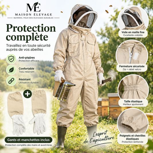 Combinaison d'apiculteur ventilée avec gants — voile rond, fermeture intégrale