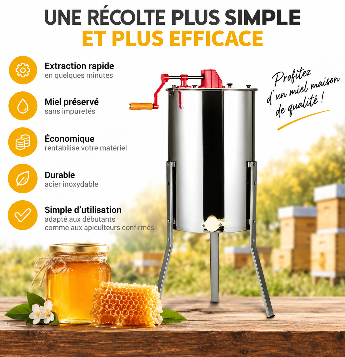 Extracteur de miel manuel — cuve inox 38 cm, couvercle et trépied réglable