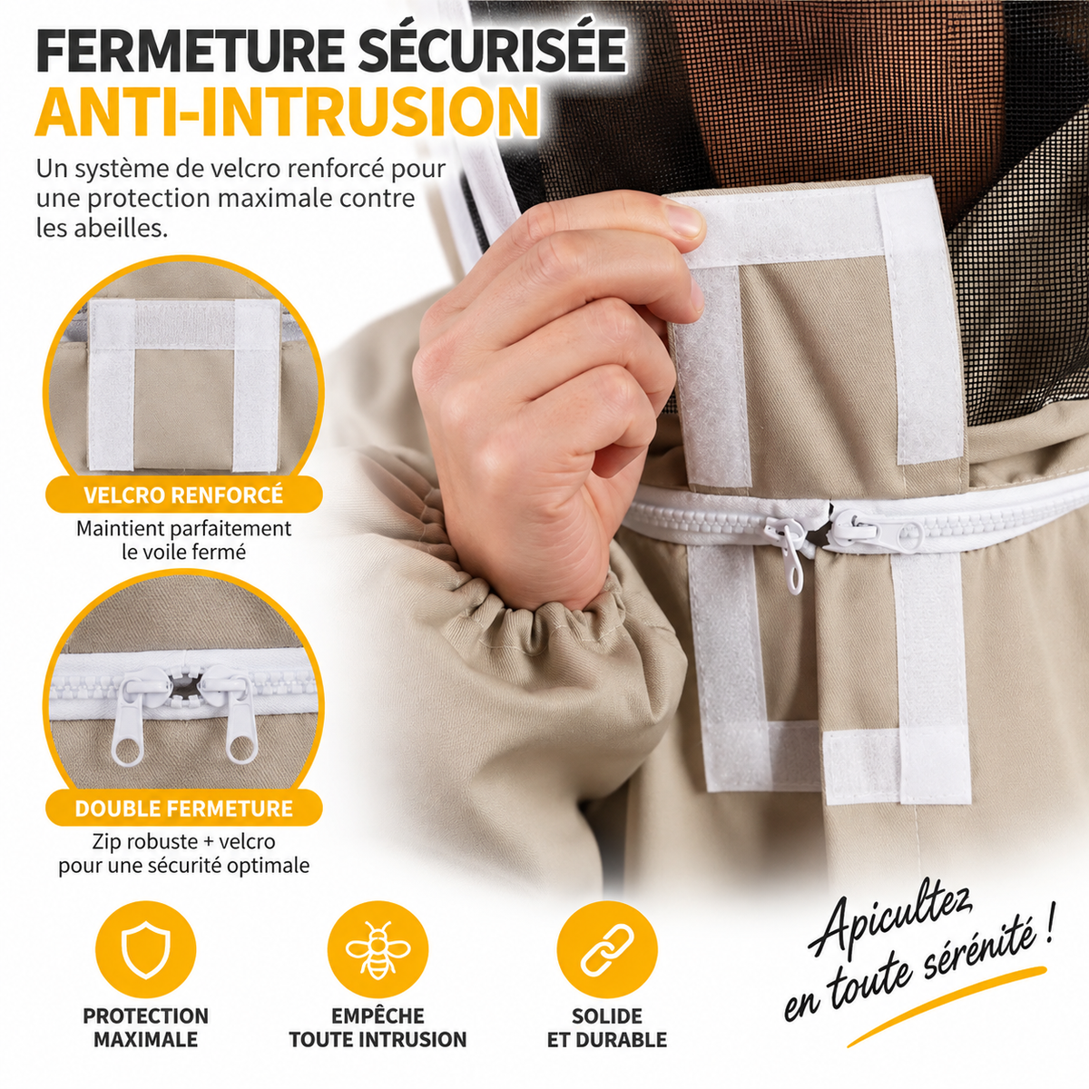 Combinaison d'apiculteur ventilée avec gants — voile rond, fermeture intégrale