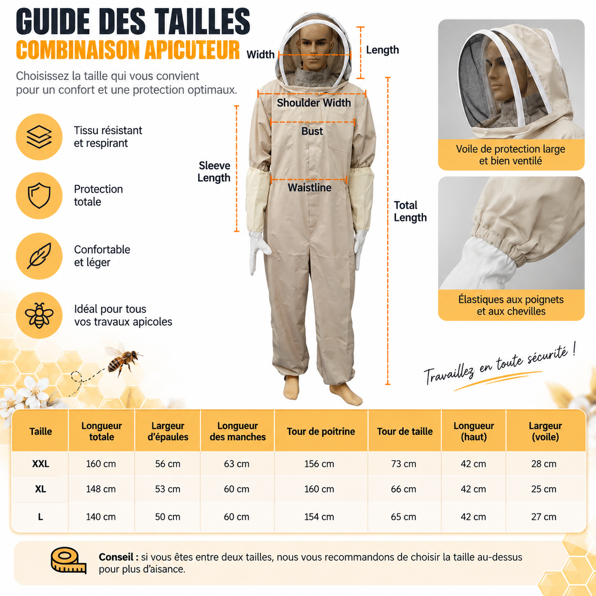 Combinaison d'apiculteur ventilée avec gants — voile rond, fermeture intégrale