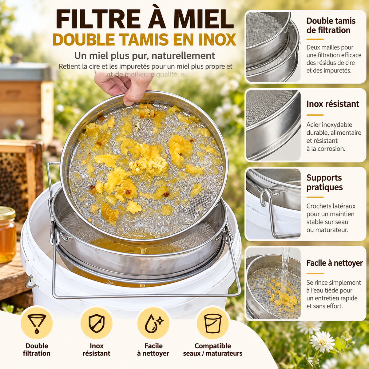 Filtre à miel double tamis en inox pour maturateur
