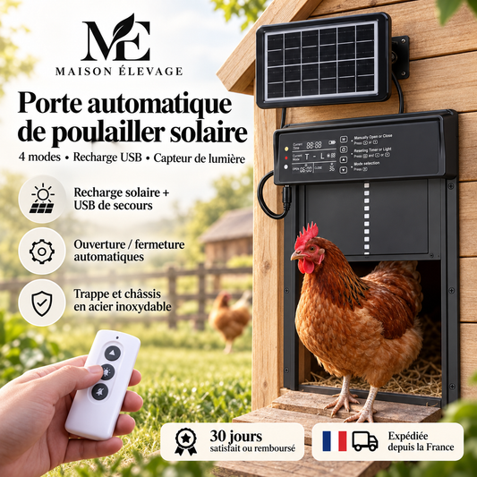 Porte automatique de poulailler solaire — 4 modes, recharge USB et capteur de lumière