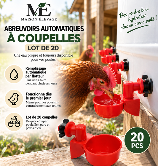 Abreuvoirs automatiques pour poules — coupelles à flotteur, lot de 20