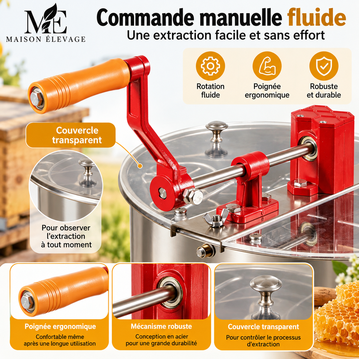 Extracteur de miel manuel — cuve inox 38 cm, couvercle et trépied réglable