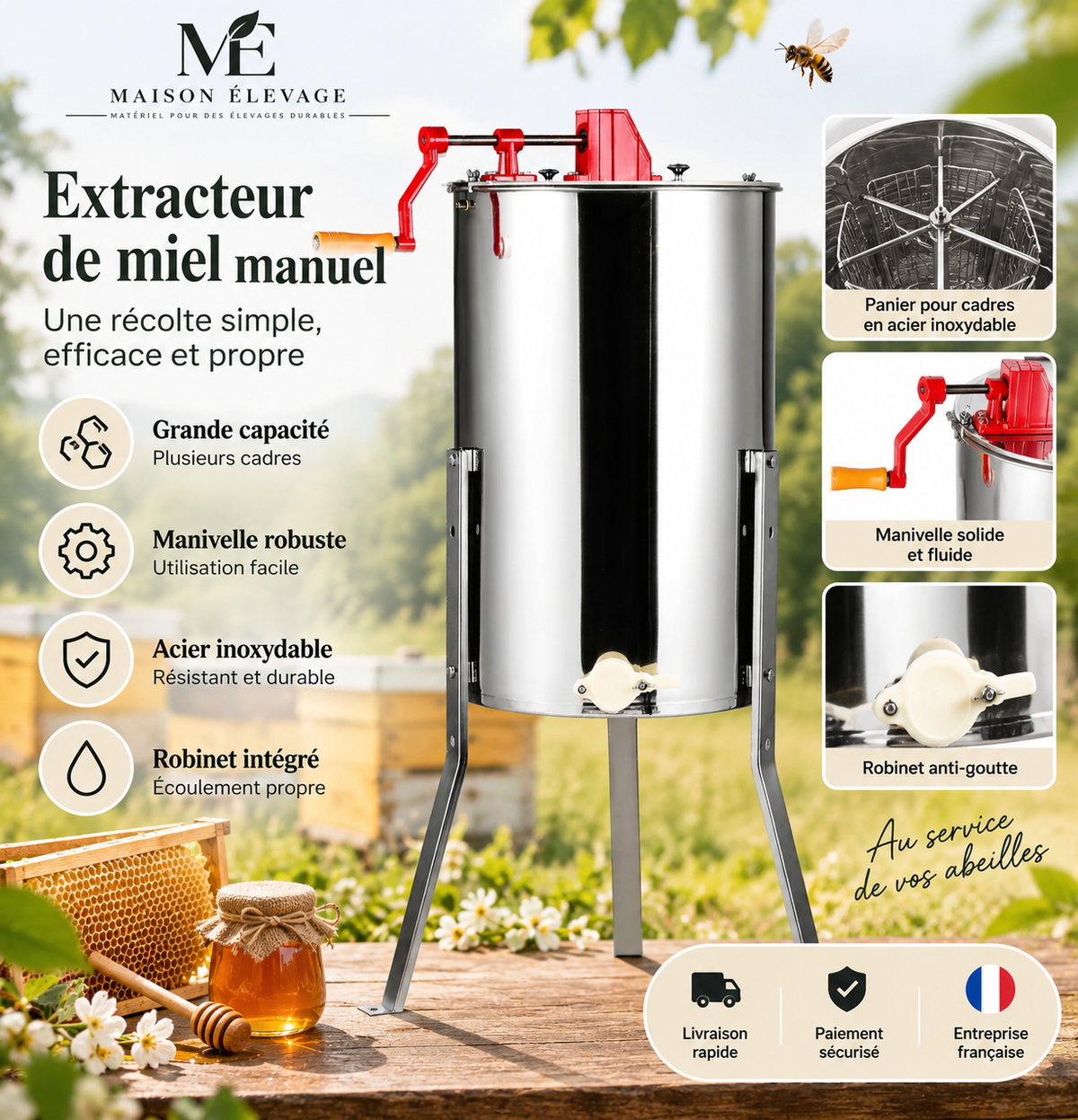 Extracteur de miel manuel — cuve inox 38 cm, couvercle et trépied réglable