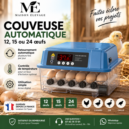 Couveuse automatique 12, 15 ou 24 œufs — retournement et régulation de température