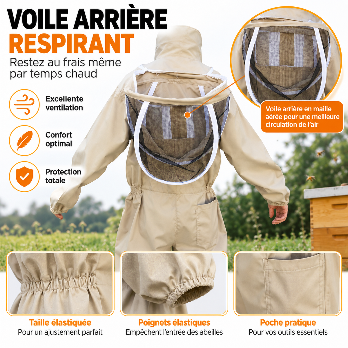Combinaison d'apiculteur ventilée avec gants — voile rond, fermeture intégrale