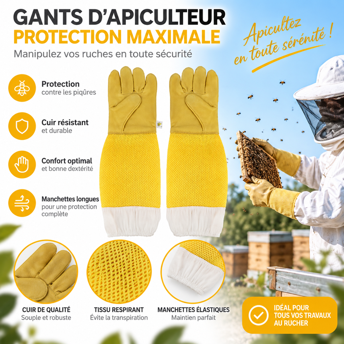 Gants d'apiculture en peau de mouton — manchettes longues aérées