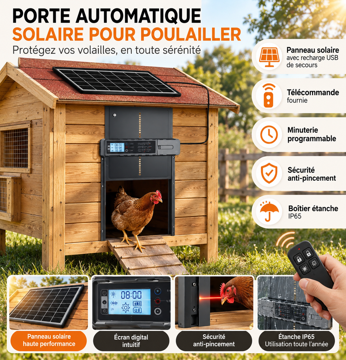Porte automatique de poulailler solaire — télécommande, expédiée de France