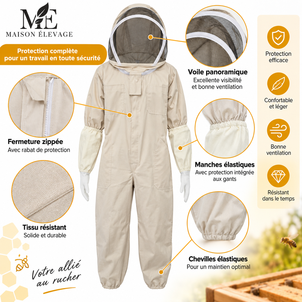 Combinaison d'apiculteur ventilée avec gants — voile rond, fermeture intégrale
