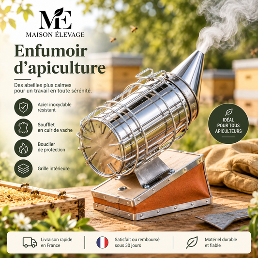 Enfumoir d'apiculture en inox — soufflet cuir et bouclier de protection