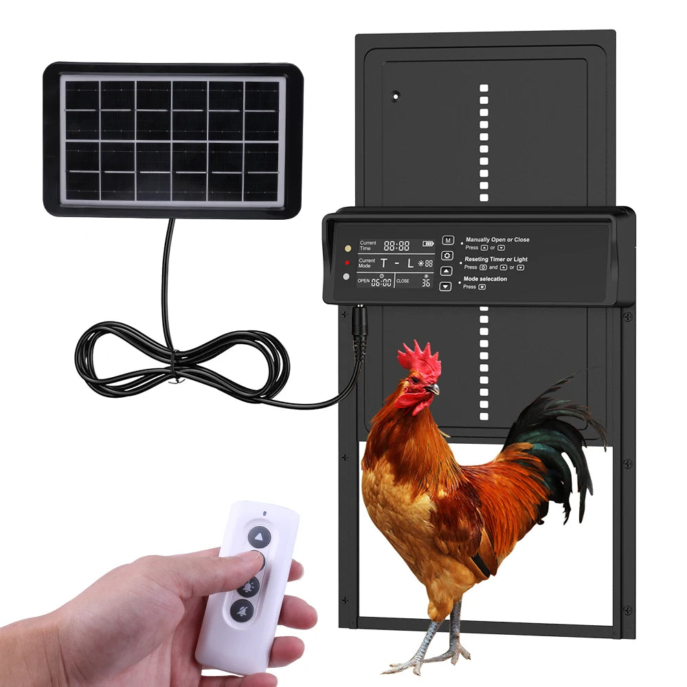 Porte automatique de poulailler solaire — 4 modes, recharge USB et capteur de lumière