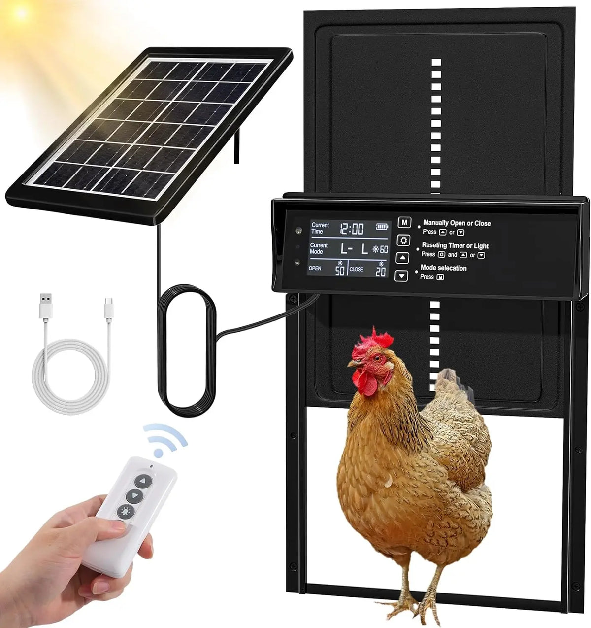 Porte automatique de poulailler solaire — 4 modes, recharge USB et capteur de lumière