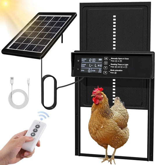 Porte automatique de poulailler solaire — 4 modes, recharge USB et capteur de lumière