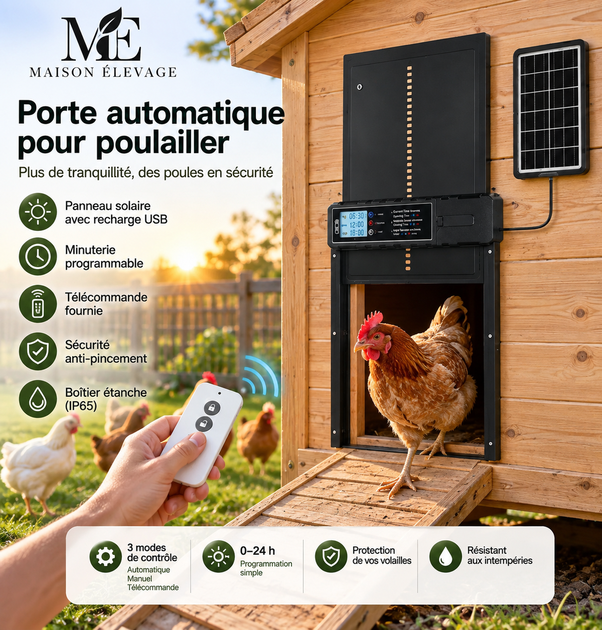 Porte automatique de poulailler solaire — télécommande, expédiée de France