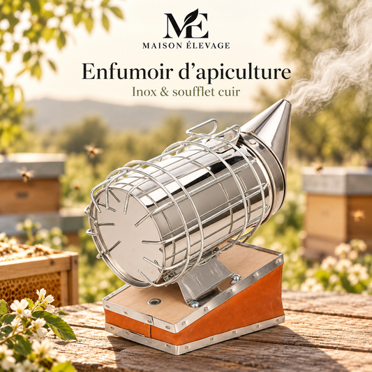 Enfumoir d'apiculture en inox — soufflet cuir et bouclier de protection