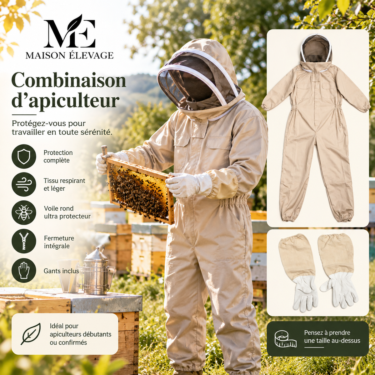 Combinaison d'apiculteur ventilée avec gants — voile rond, fermeture intégrale