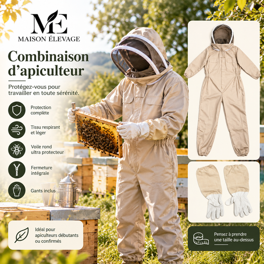 Combinaison d'apiculteur ventilée avec gants — voile rond, fermeture intégrale
