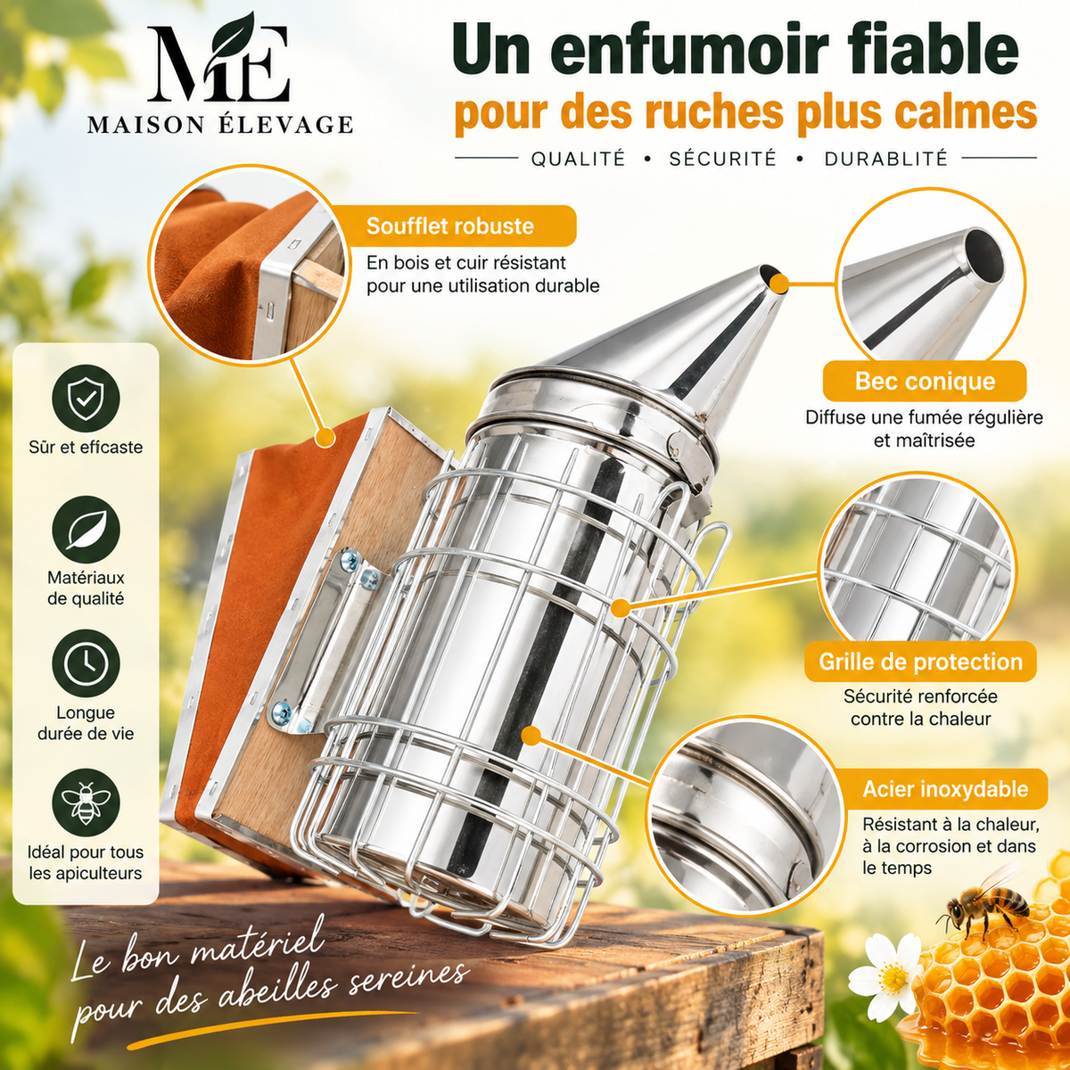Enfumoir d'apiculture en inox — soufflet cuir et bouclier de protection