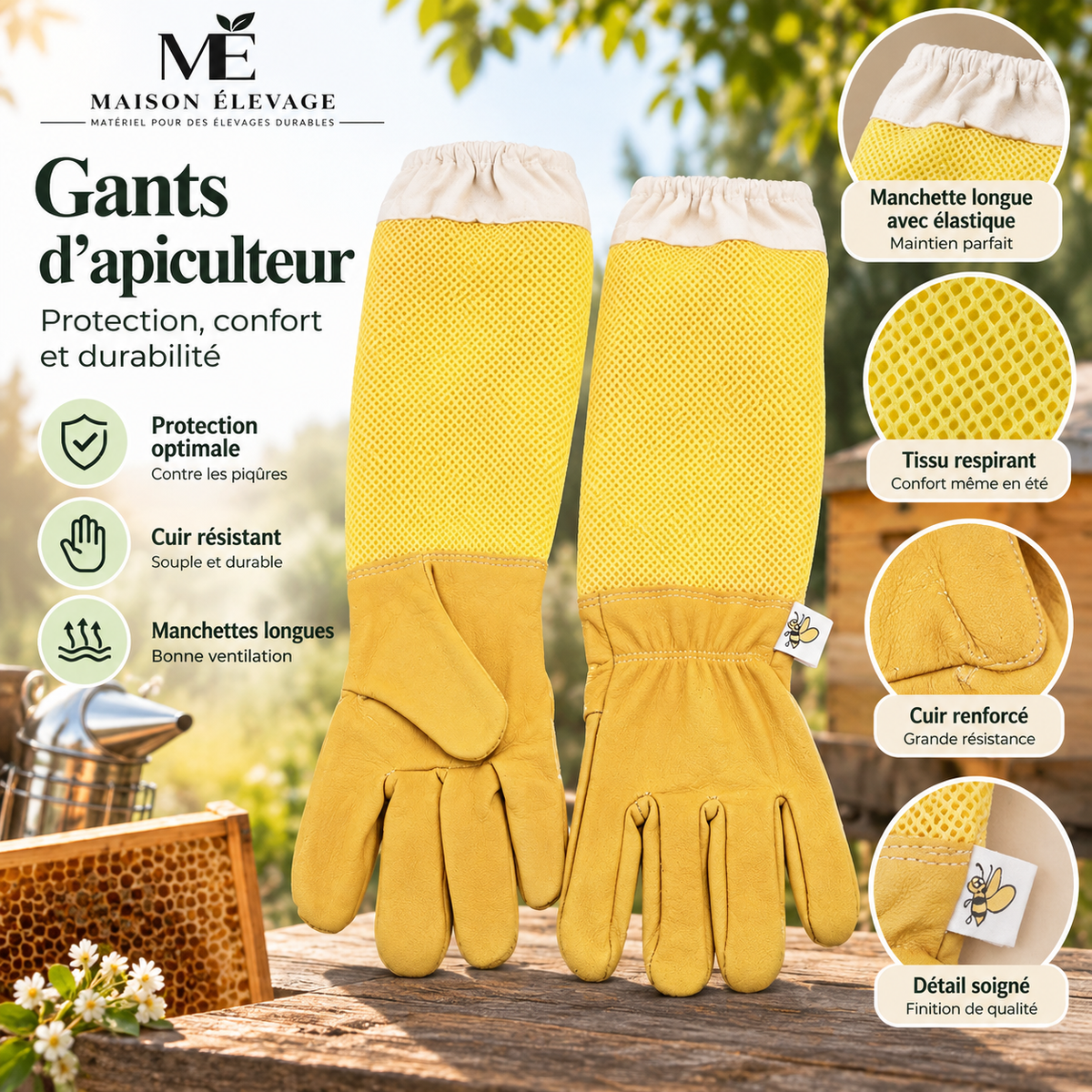 Gants d'apiculture en peau de mouton — manchettes longues aérées