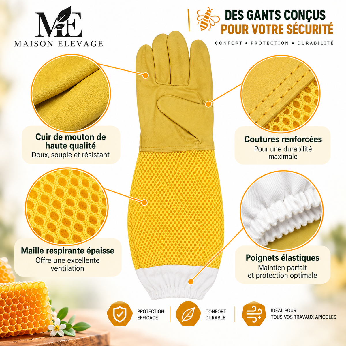 Gants d'apiculture en peau de mouton — manchettes longues aérées