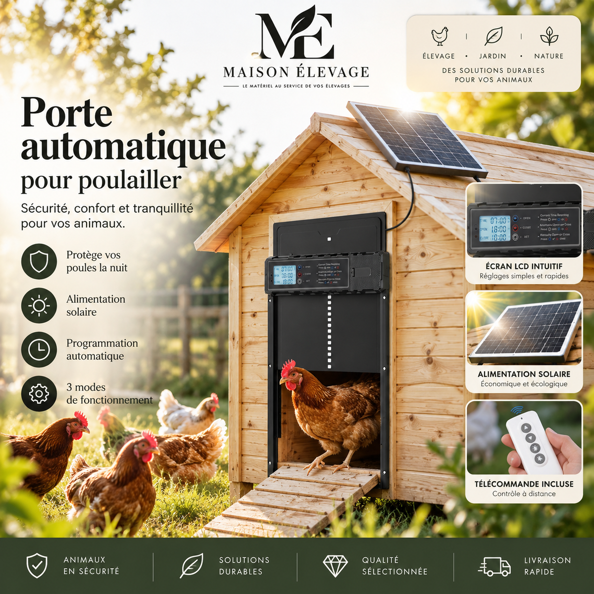 Porte automatique de poulailler solaire — télécommande, expédiée de France