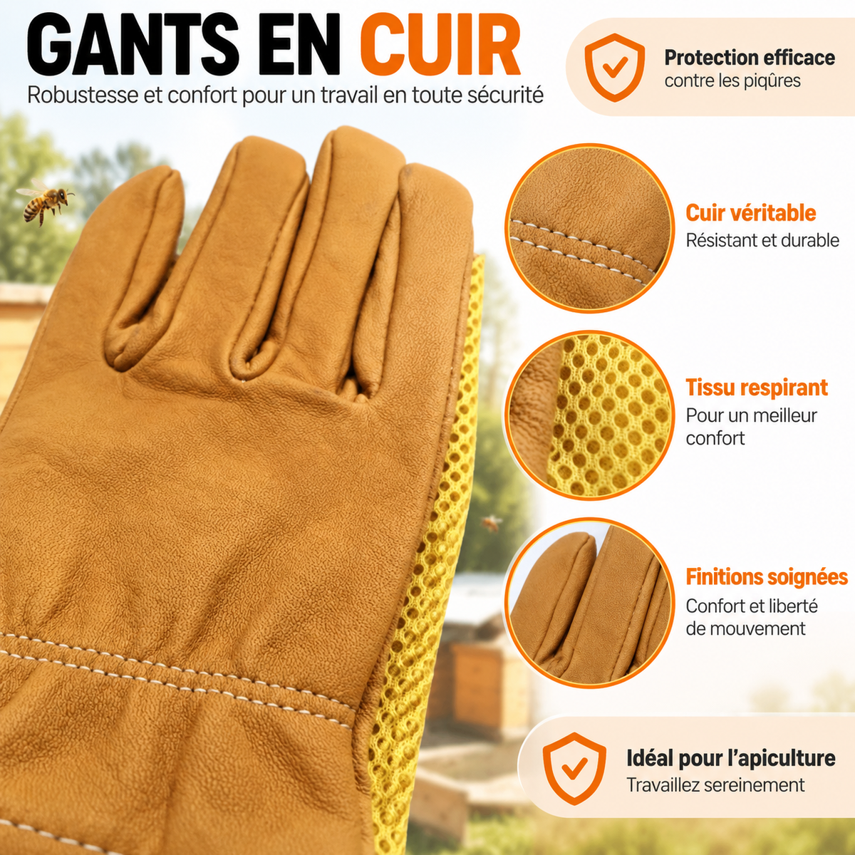 Gants d'apiculture en peau de mouton — manchettes longues aérées